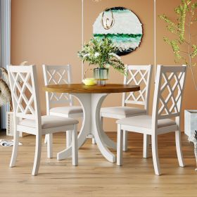 Mid-Century Solid Wood 5-Piece Round Dining Table Set, Kitchen Table Set with Upholstered Chairs for Small Places