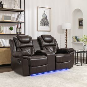 Home Theater Seating Manual Recliner Loveseat with Hide-Away Storage, Cup Holders and LED Light Strip for Living Room, Brown