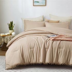 Boho Comforter Set, Boho Bedding set with Pom Poms Fringe Design, 1 Aesthetic Comforter and 2 Pillowshams (Color: Beige, size: QUEEN)