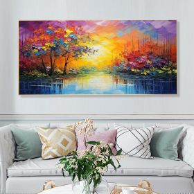 Hand Painted Oil Painting Abstract Autumn Forest Painting Original Lake Hand Painted Oil Painting Yellow Sunrise Landscape Reflection Art Room Decor (Style: 01, size: 70x140cm)