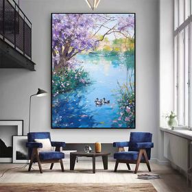 Hand Painted Oil Painting Seaonal Landscape Painting Spring Ducks Floral Painting Oversized Abstract Wall Art Living Room Wall Abstract Art Textured C (Style: 01, size: 150X220cm)