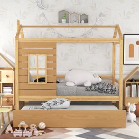 Twin Size House Bed Wood Bed with Twin Size Trundle (Color: Natural)