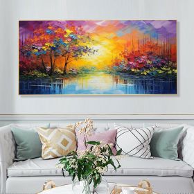 Hand Painted Oil Painting Abstract Autumn Forest Painting Original Lake Hand Painted Oil Painting Yellow Sunrise Landscape Reflection Art Room Decor (Style: 01, size: 50x100cm)