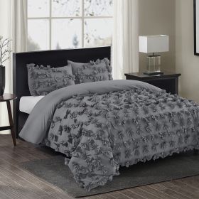 3 Piece Gray Burrterfly Flower Applique Collection Comforter Set (Color: Gray, size: KING)