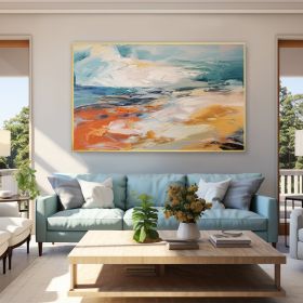 Hand Painted Oil Painting Large Abstract Blue Ocean Oil Painting on Canvas Original Colorful Painting Living Room Wall Art Orange Beach painting Moder (Style: 01, size: 75x150cm)