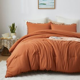 Boho Comforter Set, Boho Bedding set with Pom Poms Fringe Design, 1 Aesthetic Comforter and 2 Pillowshams (Color: Burnt Orange, size: KING)