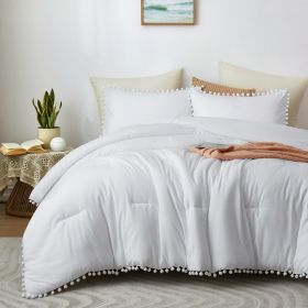 Boho Comforter Set, Boho Bedding set with Pom Poms Fringe Design, 1 Aesthetic Comforter and 2 Pillowshams (Color: White, size: Full)