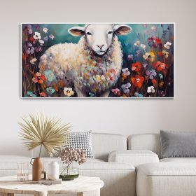 Hand Painted Oil Painting Hand Painted Creative Flower Field Sheep Canvas Oil Painting Large Original Animal Portrait Art Interesting Home Wall Decor (Style: 01, size: 50x100cm)