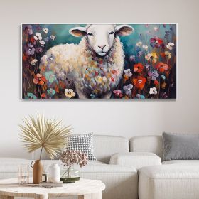 Hand Painted Oil Painting Hand Painted Creative Flower Field Sheep Canvas Oil Painting Large Original Animal Portrait Art Interesting Home Wall Decor (Style: 01, size: 60x120cm)